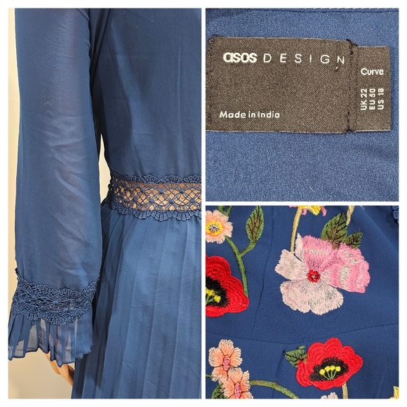 Asos Lace insert pleated Floral Embroidery Midi Dress Navy - Picture 6 of 11